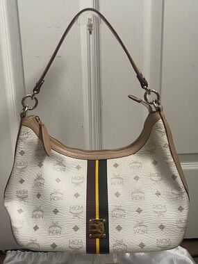 MCM White Visetos Hobo | Black Yellow & Burgundy Center Stripe | Gold monogram